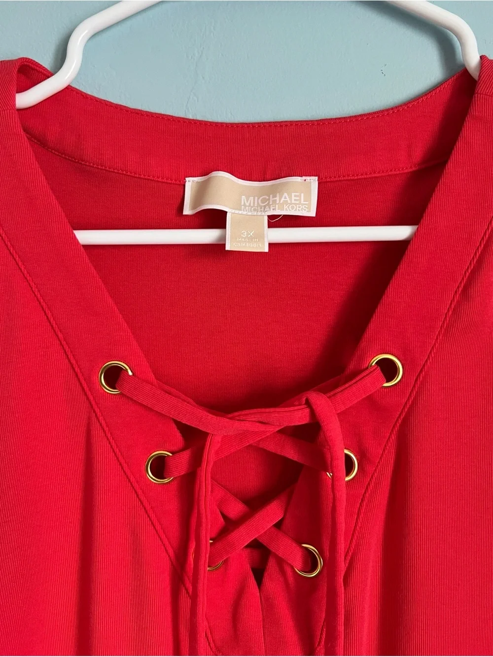 Michael Kors Coral Lace-Up V-Neck Short Sleeve Top